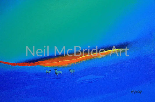 Featuring a magical landscape of vibrant blues and greens.

A whimsical trio of three-legged sheep graces the foreground, while the horizon glows with flashes of red, orange, and yellow.

Rendered in a semi-abstract style and printed on archival quality paper, this print brings a unique blend of whimsy and bold colour to your own space, making it a striking focal point for any room.