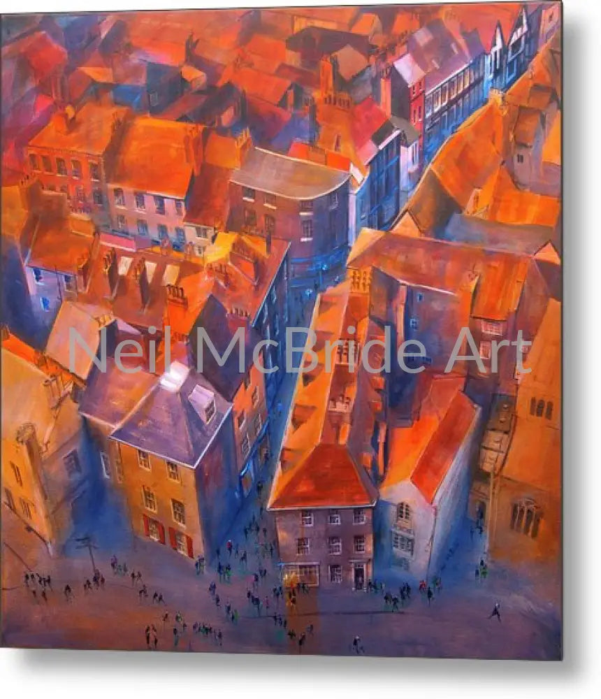 York Minster Yard looking down from the tower onto the crowds of people and roofs of York below. All captured on a metal print © Neil McBride 2023