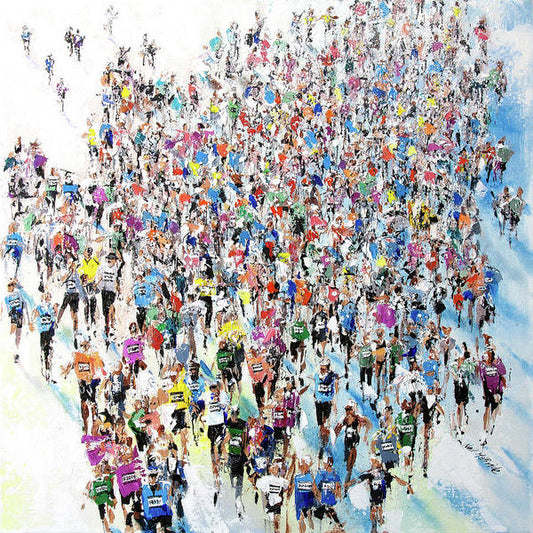 Aerial view of a colourful crowd of Marathon Runners on art prints on paper ready for framing.