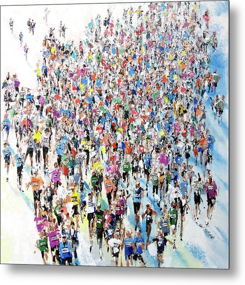 A colourful crowd of fun runners, fund raisers and professional athletes viewed from above during their marathon run.