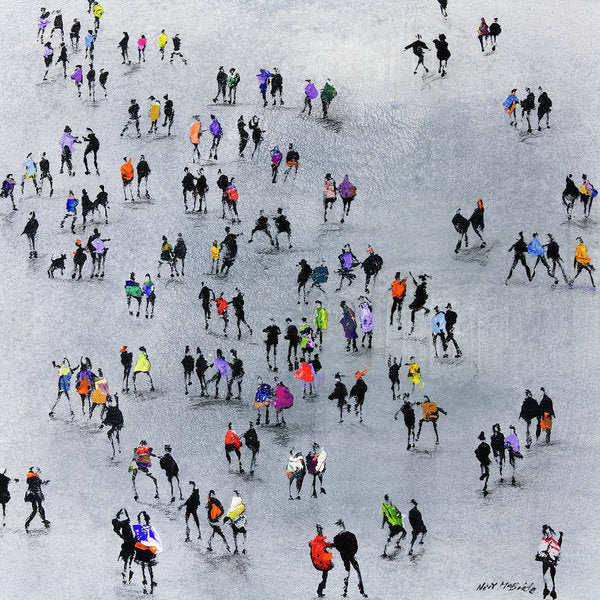 Contemplative art prints on paper featuring a colourful crowd of people on a grey ground.