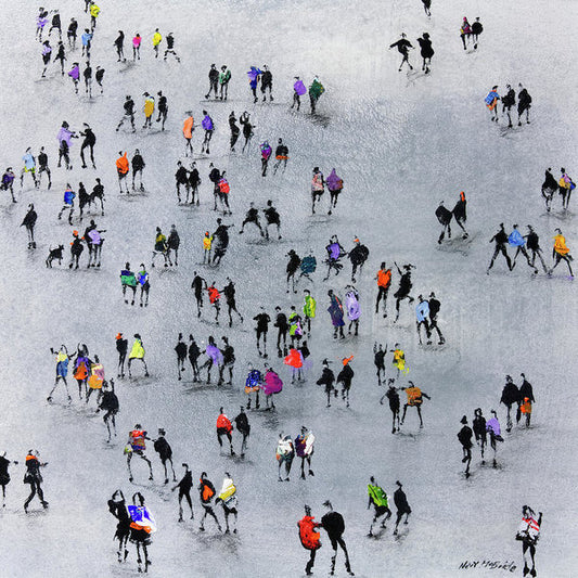 Contemplative art prints on paper featuring a colourful crowd of people on a grey ground.