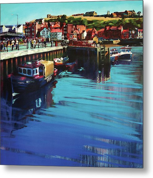 Metal print of Whitby New Quay on the Yorkshire coast from an original painting by Yorkshire artist Neil Mcbride. © Neil McBride 2023
