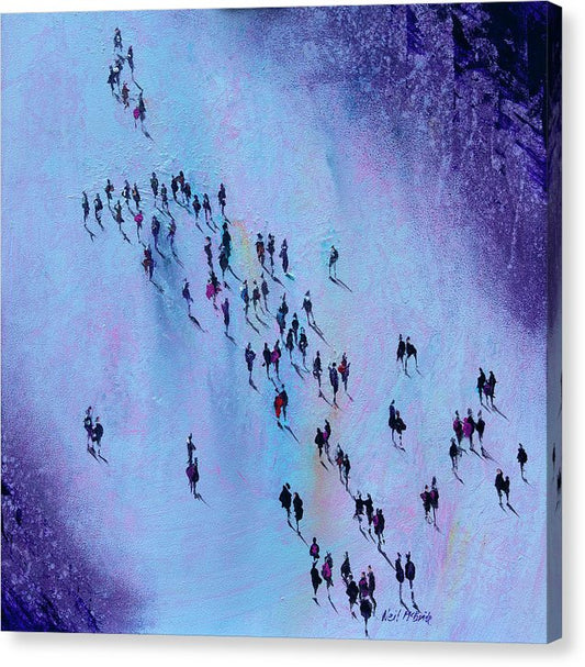 Arrival is a square canvas art print on canvas featuring a crowd of people viewed from above on a purple coloured ground © Neil McBride 2023