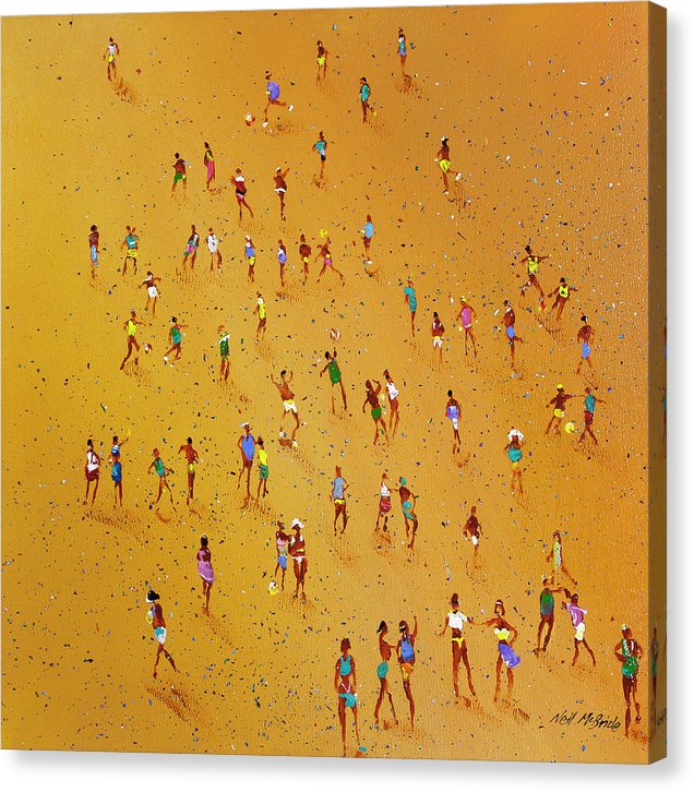 Seaside art on canvas, featuring a big crowd of people playing ball games in the sand. © Neil McBride 2022