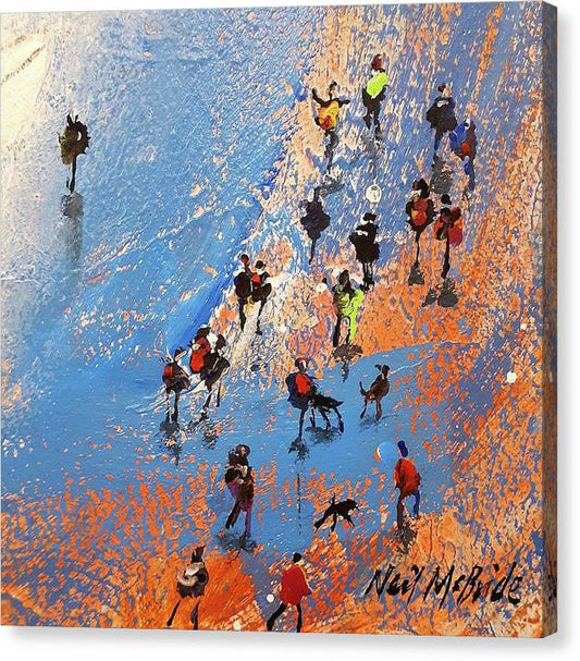 Beach Gold is a square shaped art piece on canvas prints featuring a crowd of people on a sandy beach. From the studio of Neil McBride. © Neil McBride 2023