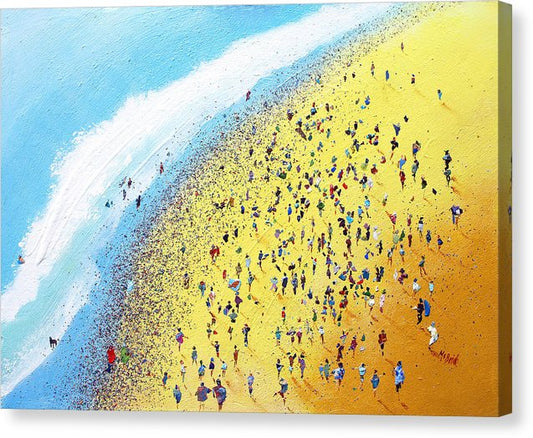 Beach Party is a colourful yellow and blue aerial view of a sunny beach full of people printed on a bespoke canvas by Neil McBride. © Neil McBride 2023