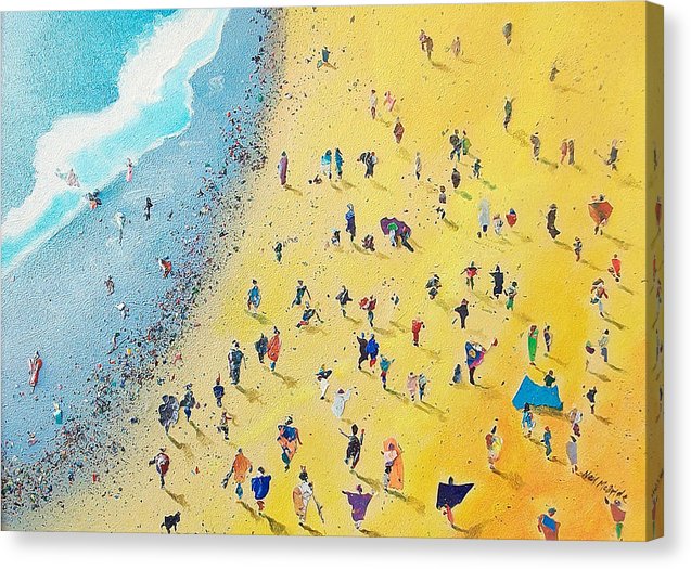 Beachcombing is a colourful, crowd filled, blue and yellow print on canvas delivered ready to hang. © Neil McBride 2023