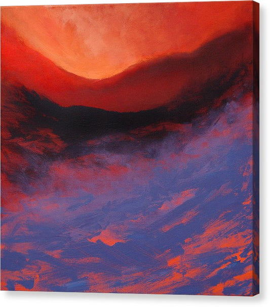 Expressive landscape art on canvas full of rich blue, bergundy and amber colours delivered ready to hang. © Neil McBride 2023