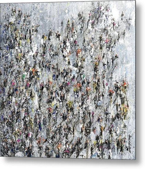Crowds of people Braving the Elements in this crowded artwork on aluminium metal by Neil McBride