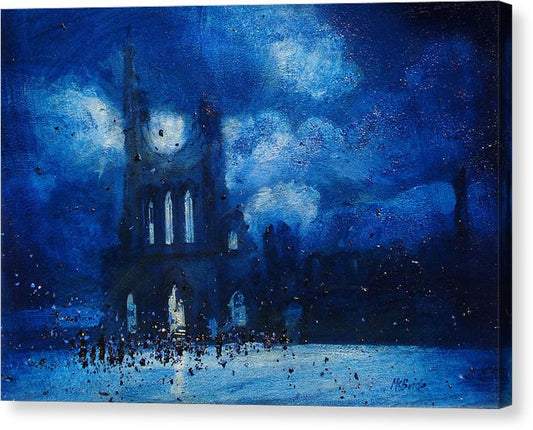 Byland Abbey is a dark blue artwork featuring the ruin of this atmospheric ruin in the heart of the North Yorkshire countryside © Neil McBride 2023