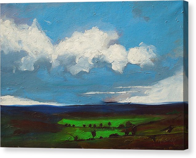 Yorkshire. God's own country featuring scudding white clouds in a bright blue sky atop a landscape of blue hills and green fields. © Neil McBride 2023