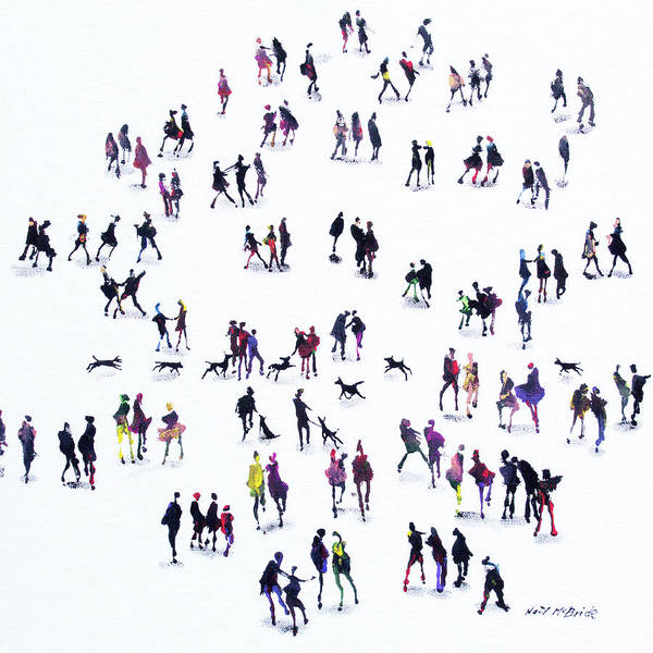 Dog Meet is a fun filled art print featuring a crowd of people and dogs seen from above on a bright white background. © Neil McBride 2023