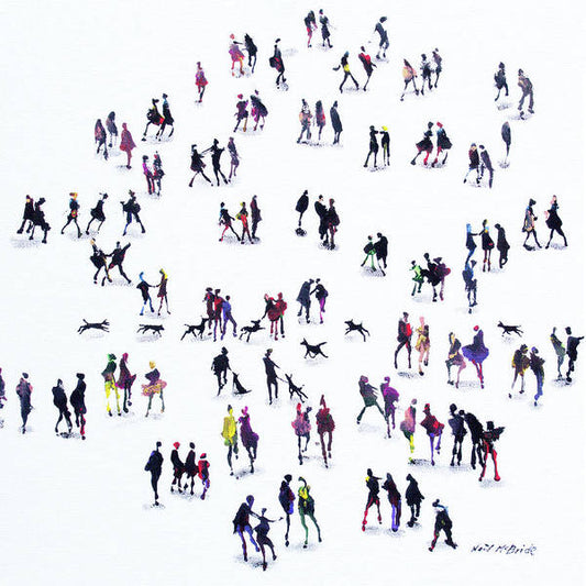Dog Meet is a fun filled art print featuring a crowd of people and dogs seen from above on a bright white background. © Neil McBride 2023