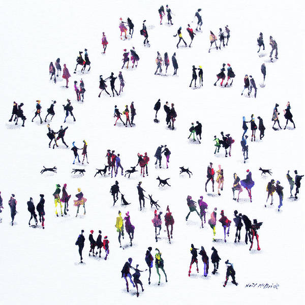 Dog Meet is a fun filled art print featuring a crowd of people and dogs seen from above on a bright white background. © Neil McBride 2025