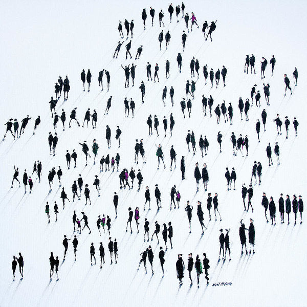 An art print on paper showing a crowd of people forming a queue. © Neil McBride 2020