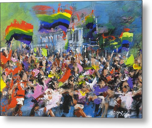 A colourful gay pride of revellers and flags on College Street in York city centre. Another print on rigid metal from the studio of British artist Neil McBride. © Neil McBride 2025