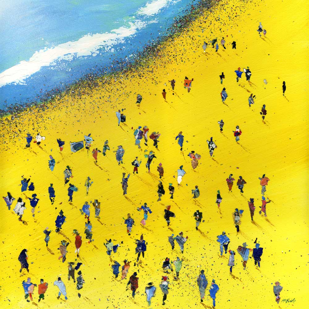 Beach Bums, framed original painting on board. The painting is predominantly yellow in colour and is heavily populated with a crowd of people of all shapes and sizes. - © Neil McBride 2023