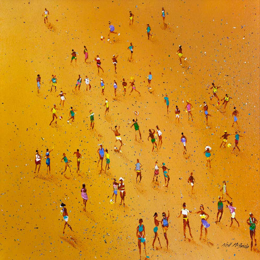Beach Games framed original acrylic painting of a crowd of sun worshippers playing ball on a golden sandy beach. © Neil McBride 2023