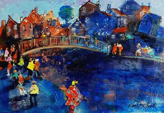 Original painting on board of a crowd of people in a fictitious fishing village called Beckside. The painting is unframed.  © Neil McBride 2023