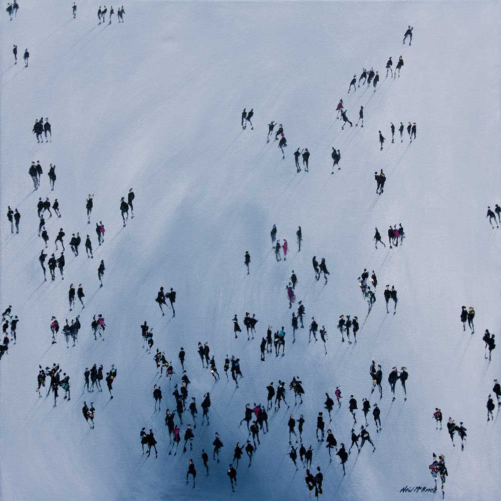 Bit Players original acrylic painting on canvas featuring a crowd of people on a blue grey ground. - Neil McBride Art