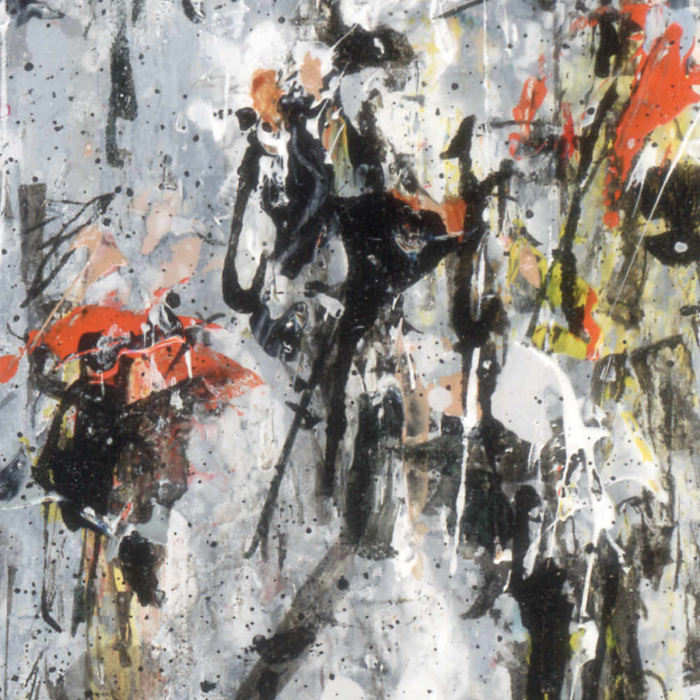 The paint texture is clear in this detail of 'Braving the Elements' an original crowd art painting by Neil McBride