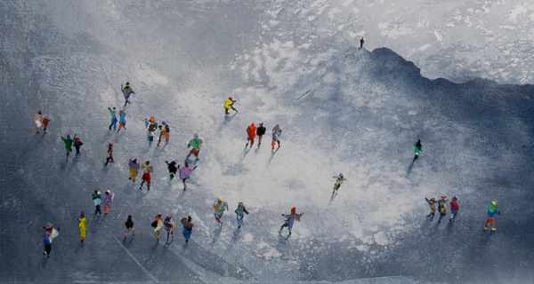 Detail of Break In The Weather art showing a group of hikers at the foot of a mountain. © Neil McBride 2023