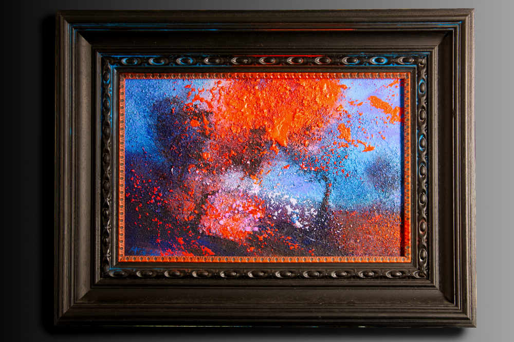 Flame Tree original contemporary landscape painting in hand tinted wood frame by Neil McBride
