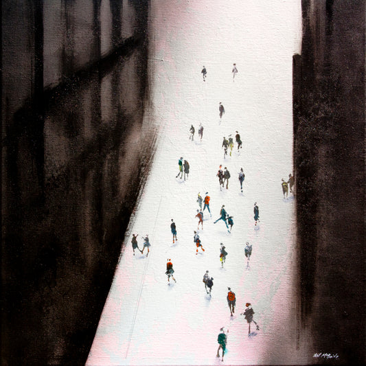 Lost in Franz is an expressive original painting on canvas featuring a crowd of people in a semi-abstract city street. © Neil McBride 2019