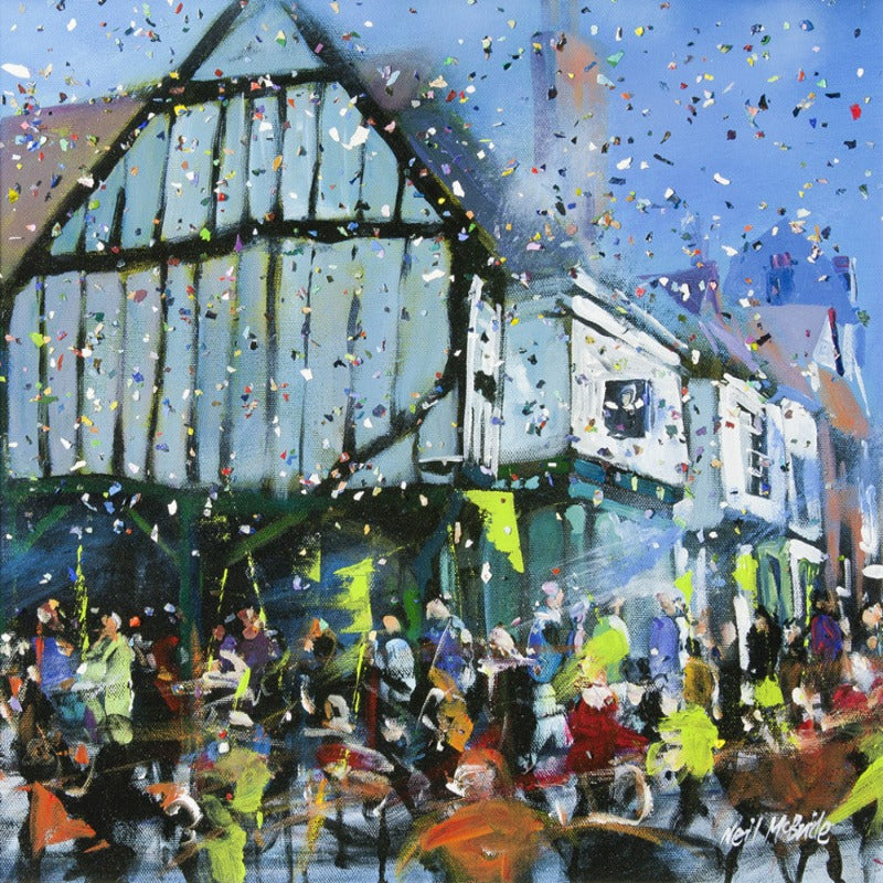 Original painting of a fictitious Parade with lots of colour and bunting on Goodramgate in York -  framed and ready to hang - Neil McBride Art