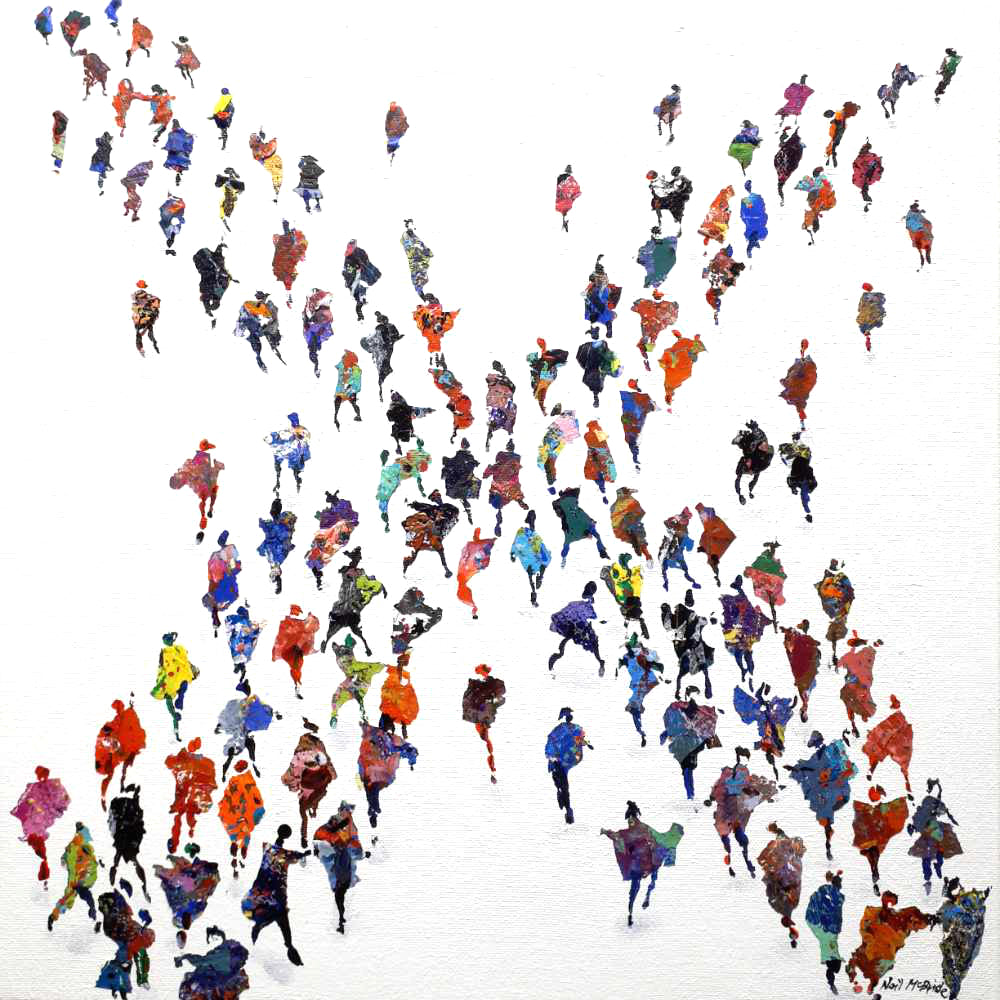 Original painting on canvas of a colourful crowd of people forming an X shape on a white background