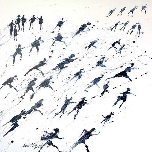 Run For Home is a big original contemporary crowd painting on canvas by British visual artist - © Neil McBride 2019