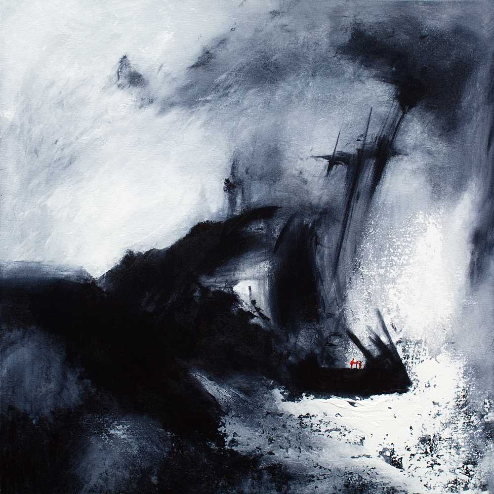 Spectacular semi abstract painting of a shipwreck  in a dark spume filled sea. © Neil McBride 2023