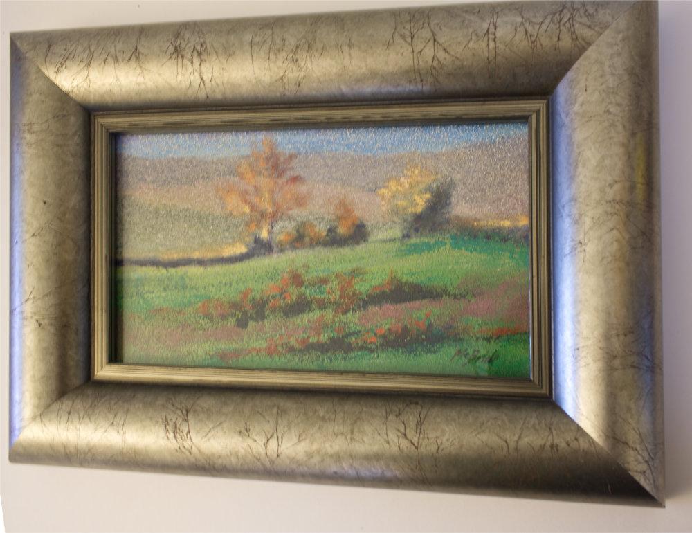 Original landscape painting framed in an Arqadia frame with a pewter coloured finish by Neil McBride