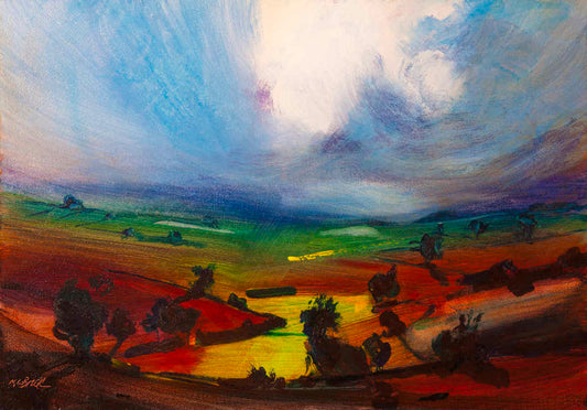 Awesome painting of dramatic light in a cloudy sky and fields of rich colours © Neil McBride 2019