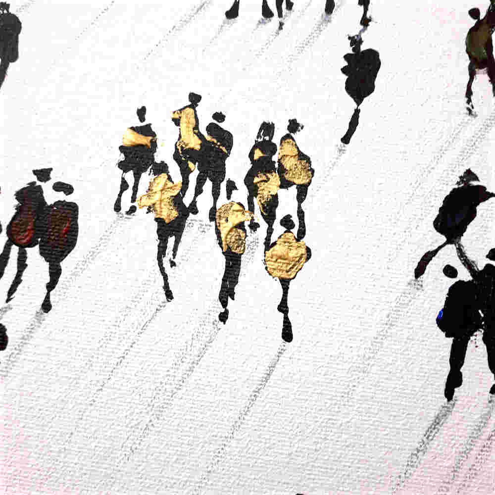 Detail of the Cliques original crowd art on canvas by Neil McBride.