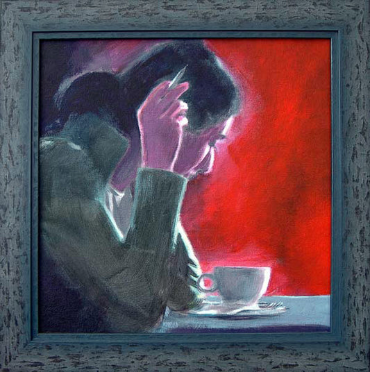 Coffee Break Crossword original painting of woman doing a crossword. © Neil McBride 2019