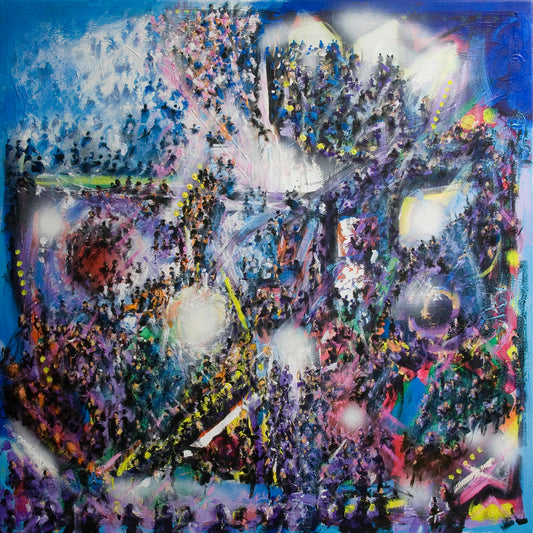 Rave is an expressive painting full of crowds of people at a massive musical event. © Neil McBride 2019