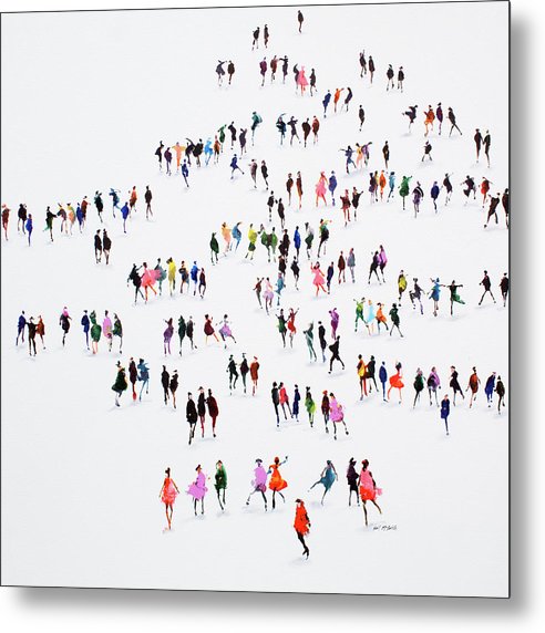 Happy shiny crowd of pinkish people captured on super shiny metal prints by Neil McBride
