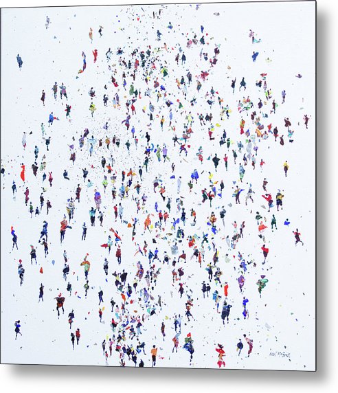 Influx art print on metal featuring a colourful crowd of people on a white ground. © Neil McBride 2025