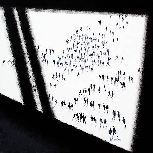 Kline Viewpoint. Art print on paper with a figurative art crowd of people framed by an abstract, architectonic window. © Neil McBride 2025