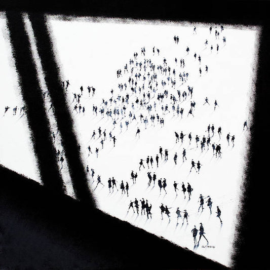 Kline Viewpoint. Art print on paper with a figurative art crowd of people framed by an abstract, architectonic window. © Neil McBride 2025