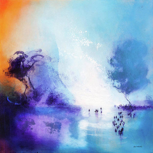 Sleepy lagoon in exotic colours of orange, purple and blues. Art prints to buy on paper from the studio of Neil McBride