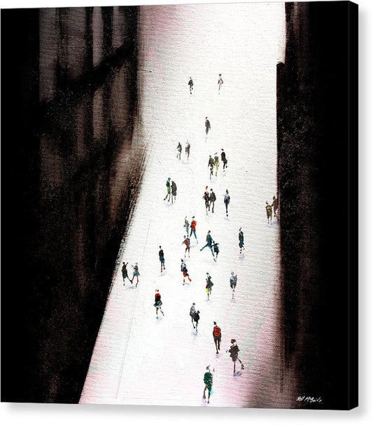 These black and white art prints on canvas are made in the uk. Titled Lost in Franz, the artwork is an expressionist style cityscape of black buildings and a colourful crowd of people viewed from above. The artwork pays homage to Franz Kline © Neil McBride 2025