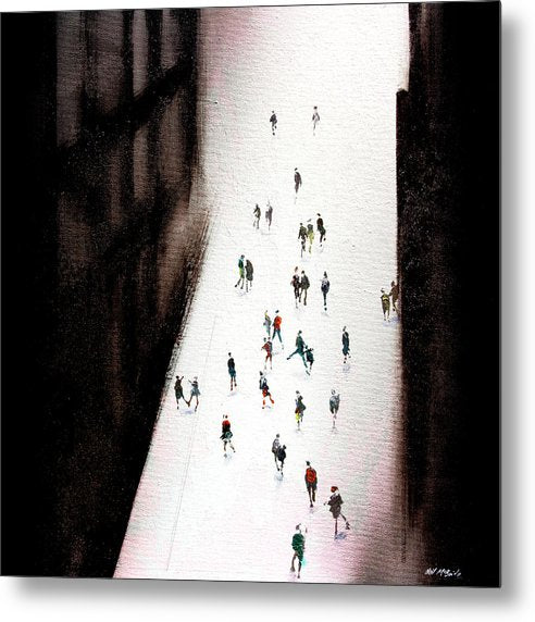 A colourful crowd of people viewed from above and sandwiched between two black skyscraper buildings in an expressionist style reminiscent of the American expressionist Franz Kline.