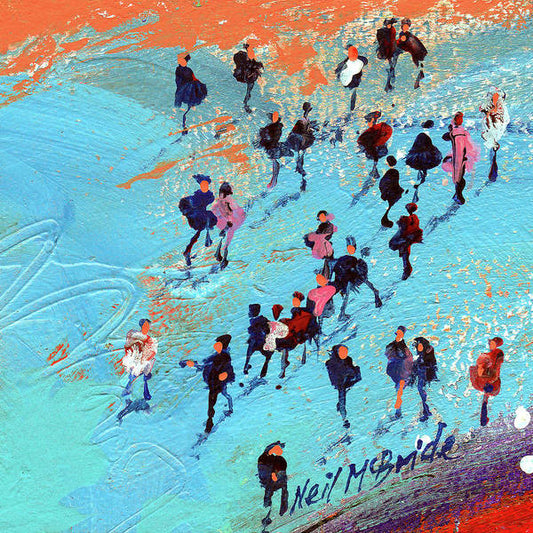 A colourful picture of a crowd of people in a Low tide landscape. Art prints on paper posters by © Neil McBride 2025