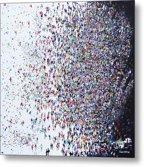 Colourful Migration of people. Semi abstract wall art printed on metal for longevity. 