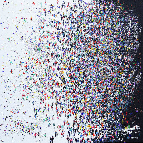 This is chaos art with very organised undertones.

The apparently chaotic crowd scene of this artwork is layered with a very ordered structure.

The background of the artwork has a deliberate transition from light to dark as you scan from left to right.

And, if you look closely, you will notice that the abstract dots of colour on the left morph into an easily recognised crowd of people as you scan to the right of the picture plane.