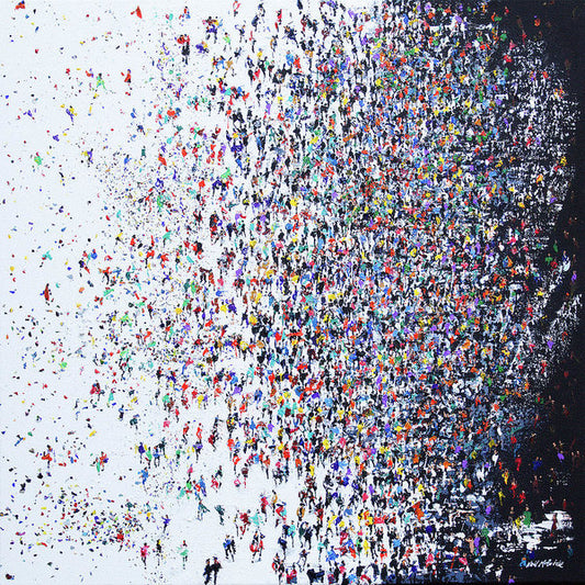 This is chaos art with very organised undertones.

The apparently chaotic crowd scene of this artwork is layered with a very ordered structure.

The background of the artwork has a deliberate transition from light to dark as you scan from left to right.

And, if you look closely, you will notice that the abstract dots of colour on the left morph into an easily recognised crowd of people as you scan to the right of the picture plane.