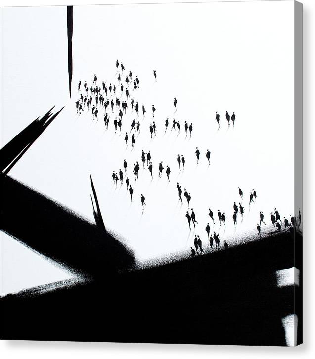 A canvas print with expressive architectonic black imagery juxtaposed with figurative crowd of people. All black on white.
